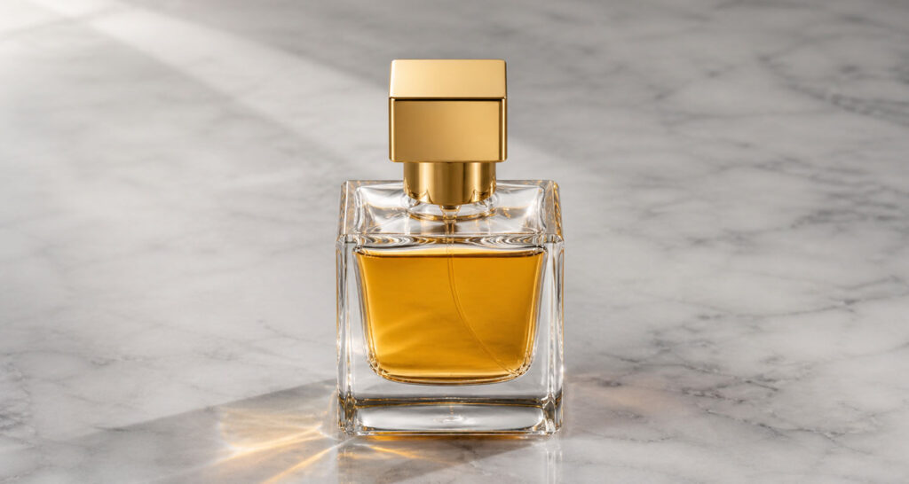 Glass perfume bottle product photography showing reflective and transparent material challenges