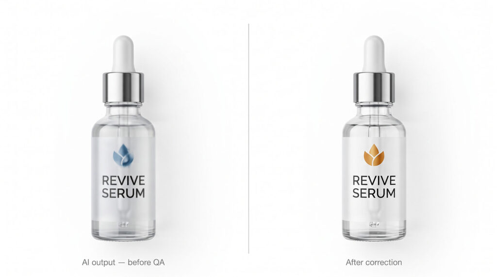 AI product photography quality — before and after QA comparison showing logo drift and colour correction