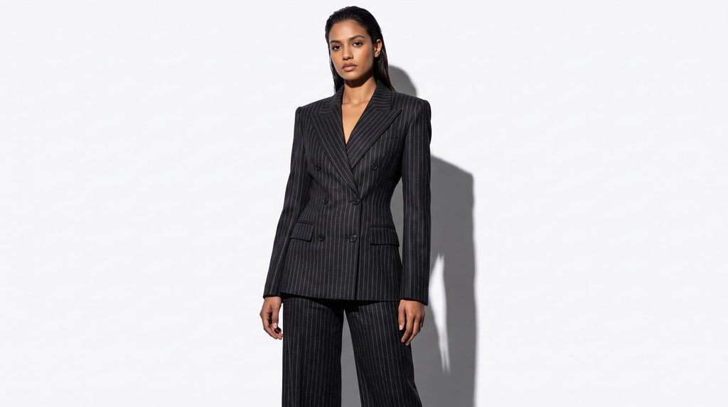 AI on-model fashion images — tailored pinstripe suit on AI-generated model, studio background