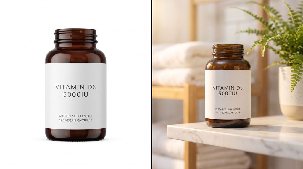AI product photography for Amazon sellers: studio source image alongside AI-generated lifestyle output