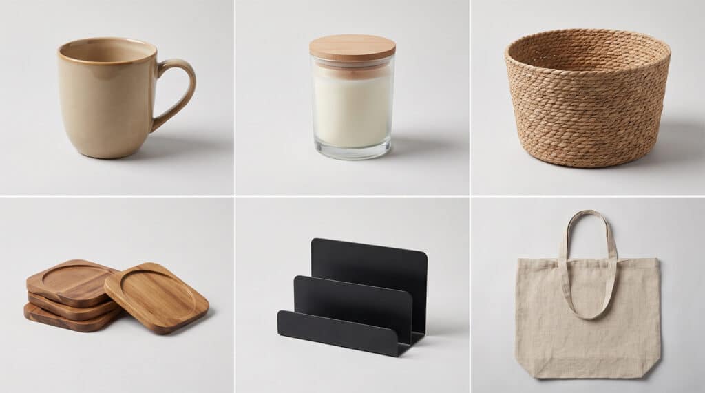 AI product photography Shopify UK, consistent six-product catalogue grid with matched lighting and shadow