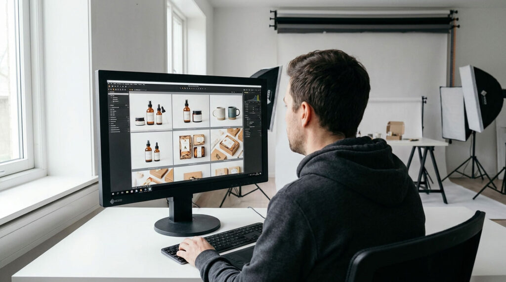 AI product photography UK — photographer reviewing product images in a professional studio