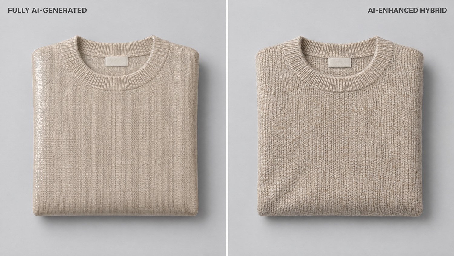 Fully AI-generated versus AI-enhanced hybrid product photography, fabric texture comparison on a knitted jumper