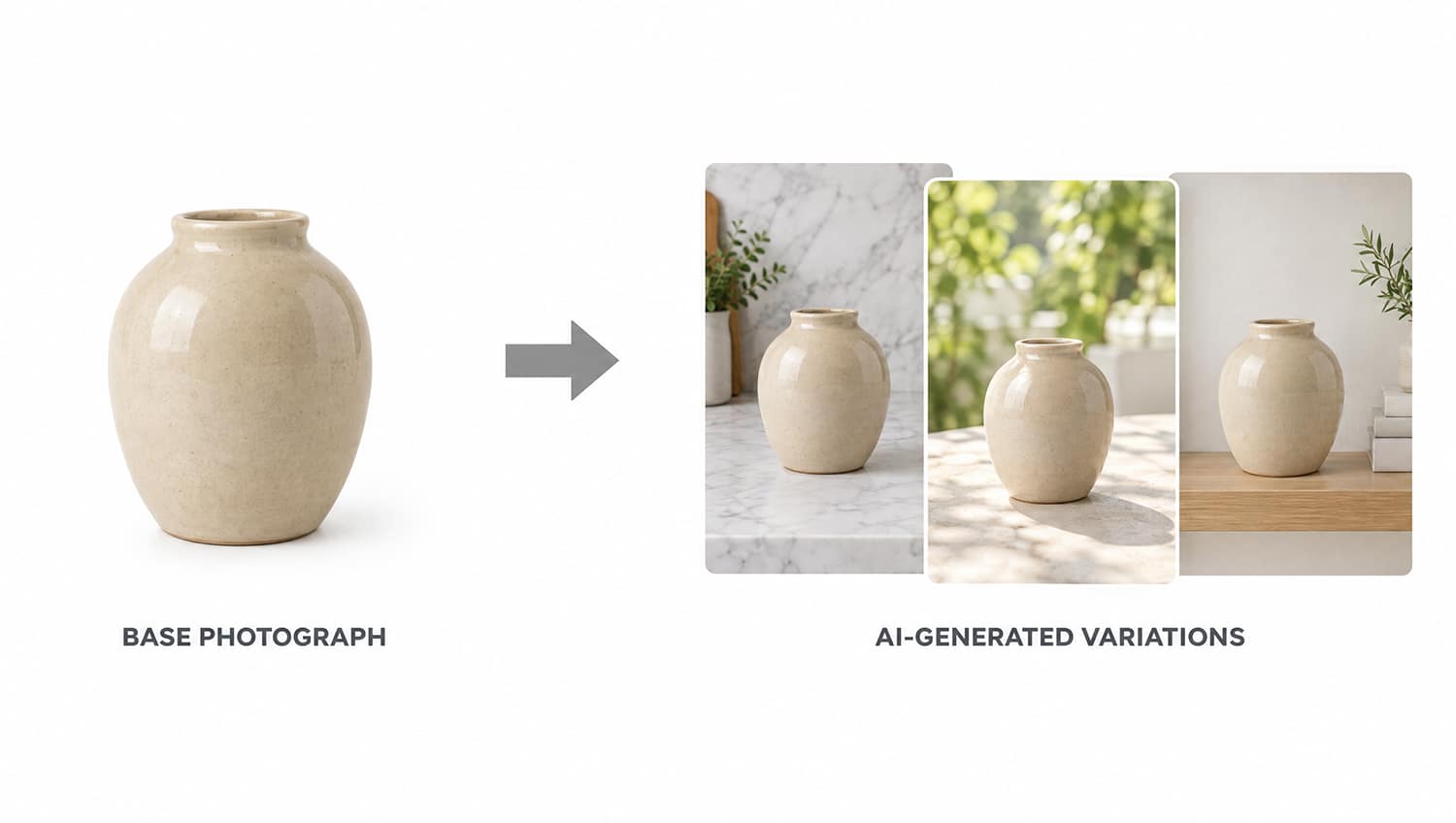 AI product photography workflow for Shopify, base photograph converted into three AI-generated lifestyle variations