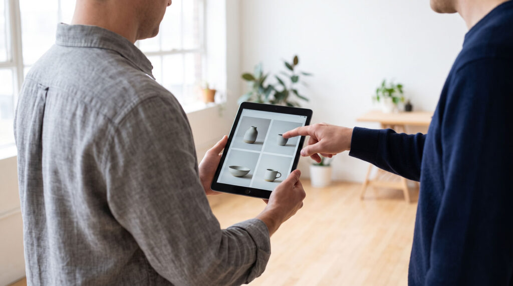 AI product photography UK consultancy — reviewing product images together